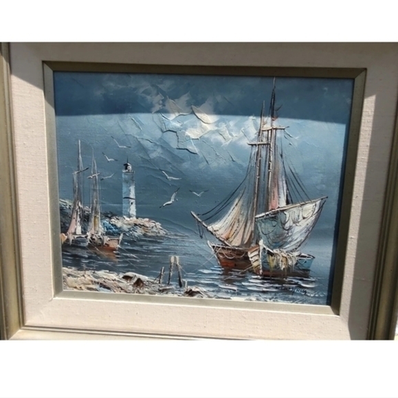 Vintage seascape oil painting, matted and framed by Rikard Lindstrom - Picture 5 of 10